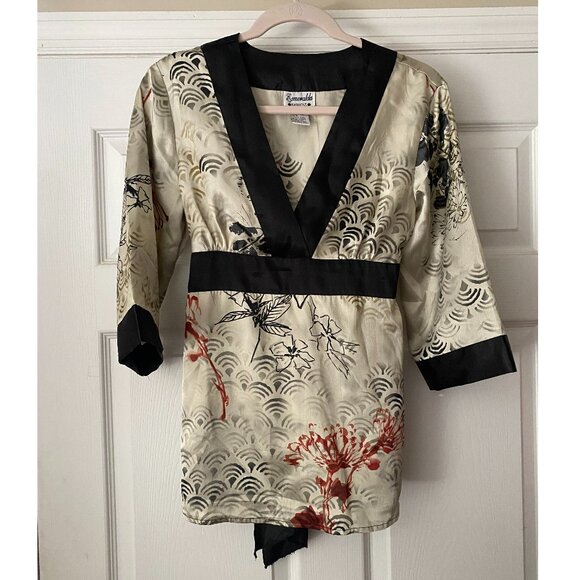 ESMERALDA Gold satin Japanese Oysho geisha belted Kimono Y2K Blouse *SMALL* - Picture 1 of 5